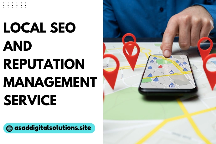 Local SEO and reputation management service infographic with location pins and smartphone search.